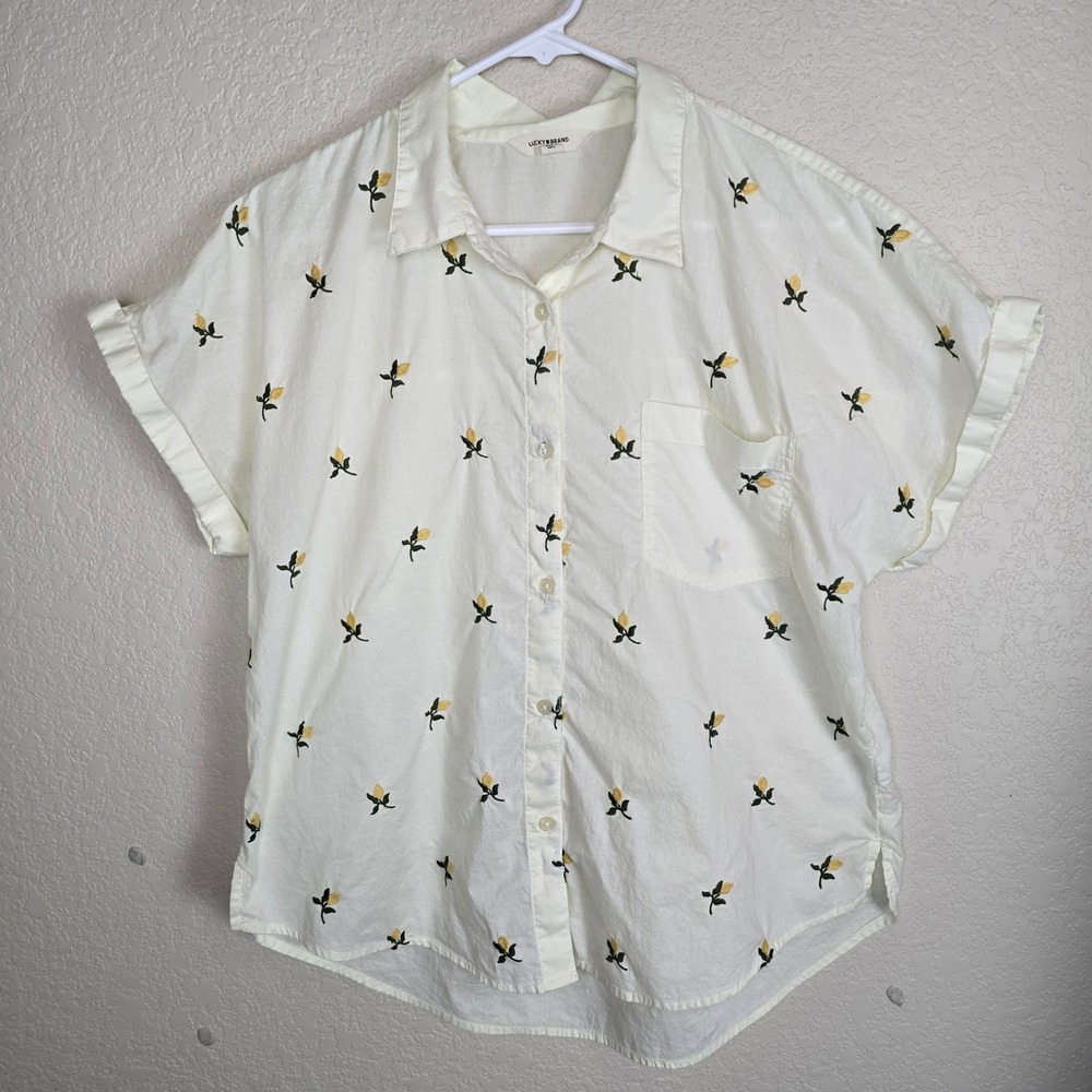 Lucky Brand White Lemon Embroidered Button Up Shirt Tiny Pinhole Flaw